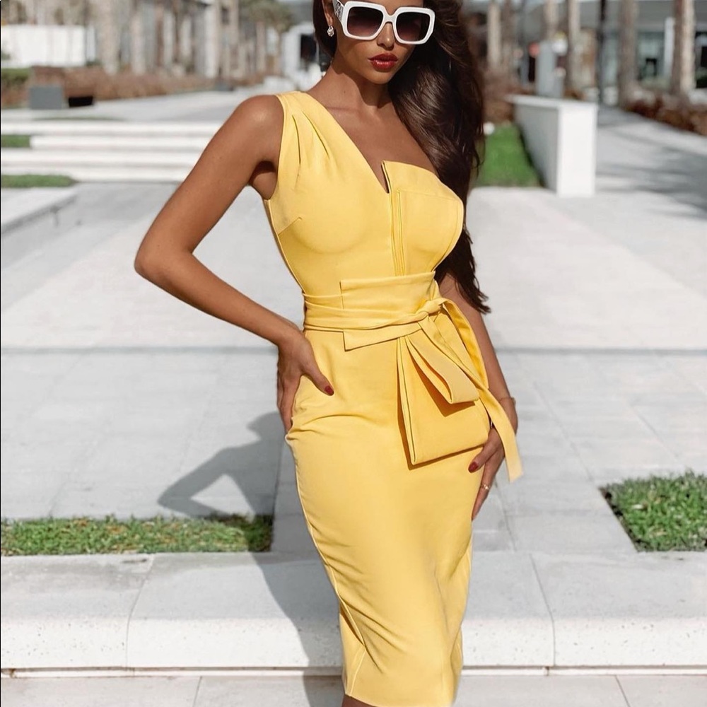 Stunning new season Lavish Alice one shoulder bow detail midi dress in yellow
